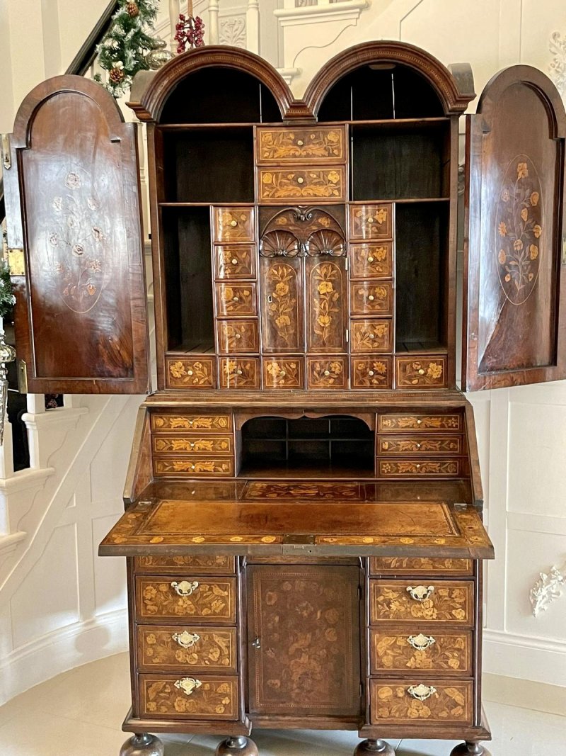 Antique William and Mary Outstanding Quality Burr Walnut Inlaid Marquetry Double Dome Bureau Bookcase - Image 35