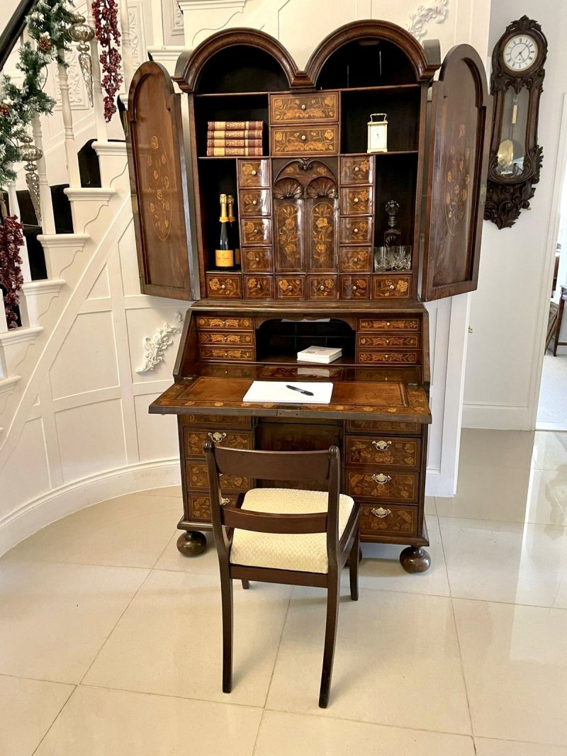 Antique William and Mary Outstanding Quality Burr Walnut Inlaid Marquetry Double Dome Bureau Bookcase - Image 6