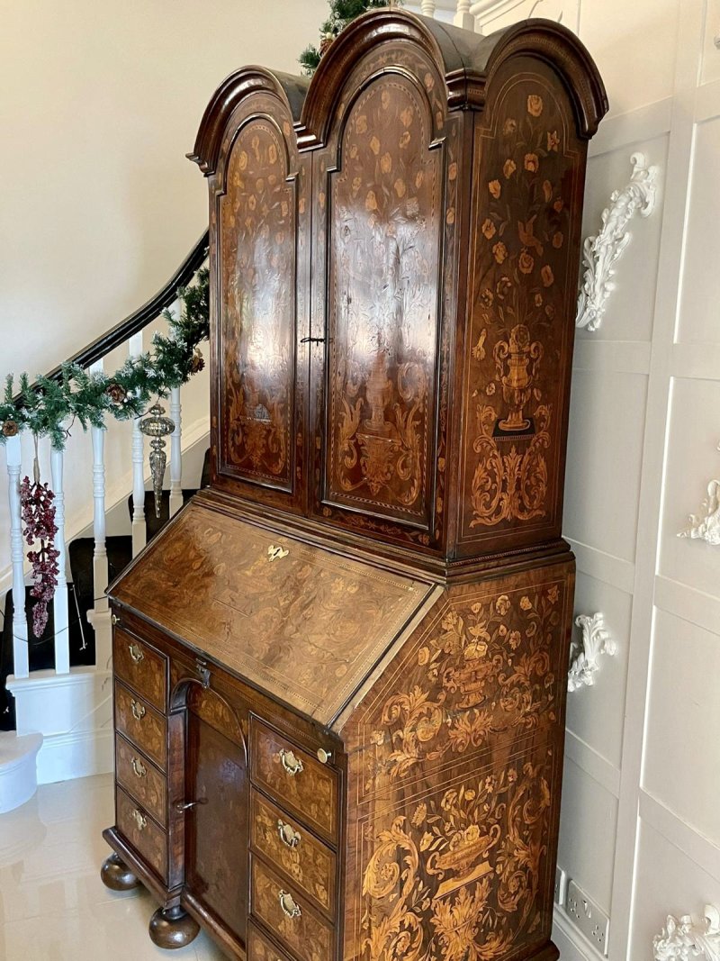 Antique William and Mary Outstanding Quality Burr Walnut Inlaid Marquetry Double Dome Bureau Bookcase - Image 34