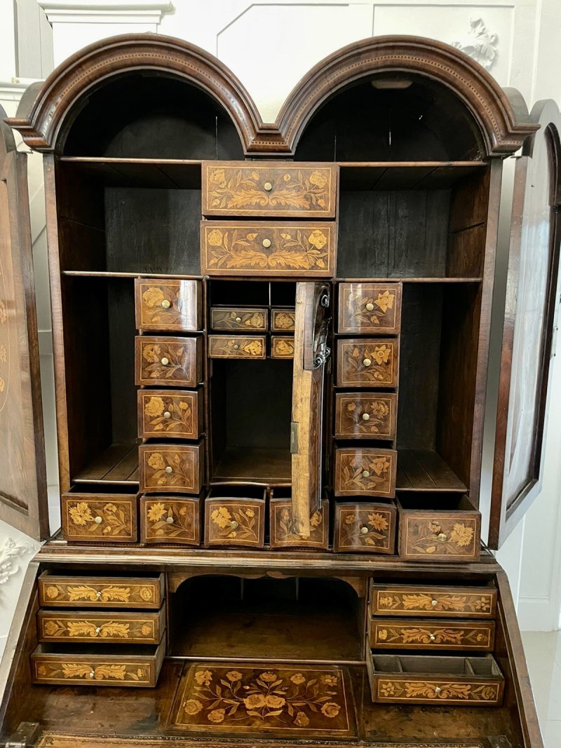 Antique William and Mary Outstanding Quality Burr Walnut Inlaid Marquetry Double Dome Bureau Bookcase - Image 31