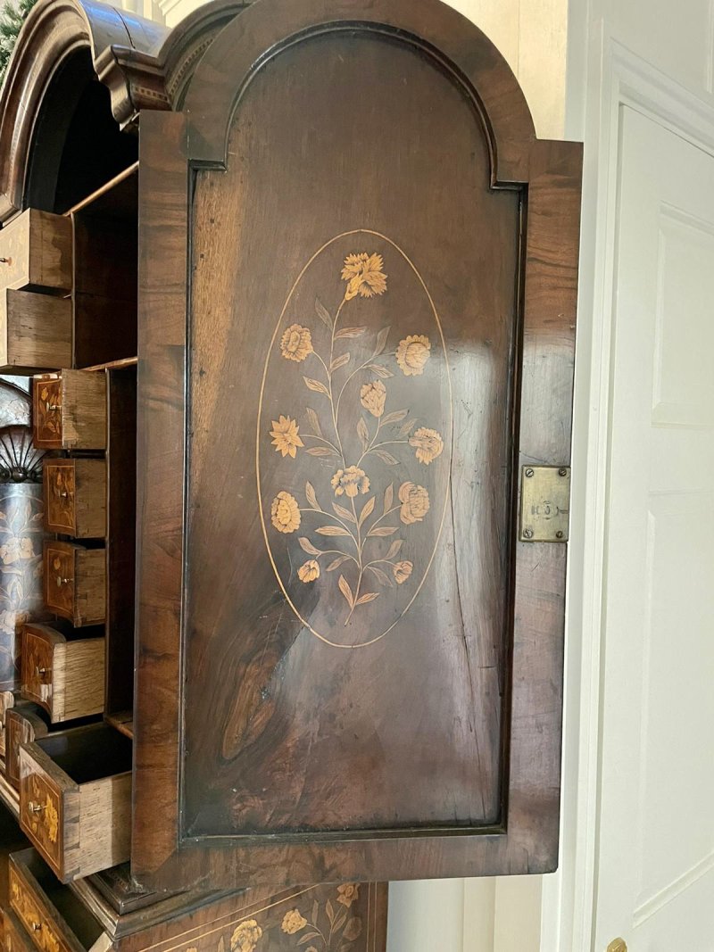 Antique William and Mary Outstanding Quality Burr Walnut Inlaid Marquetry Double Dome Bureau Bookcase - Image 22