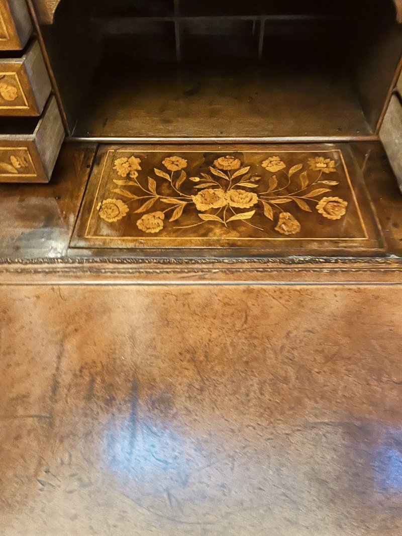 Antique William and Mary Outstanding Quality Burr Walnut Inlaid Marquetry Double Dome Bureau Bookcase - Image 36