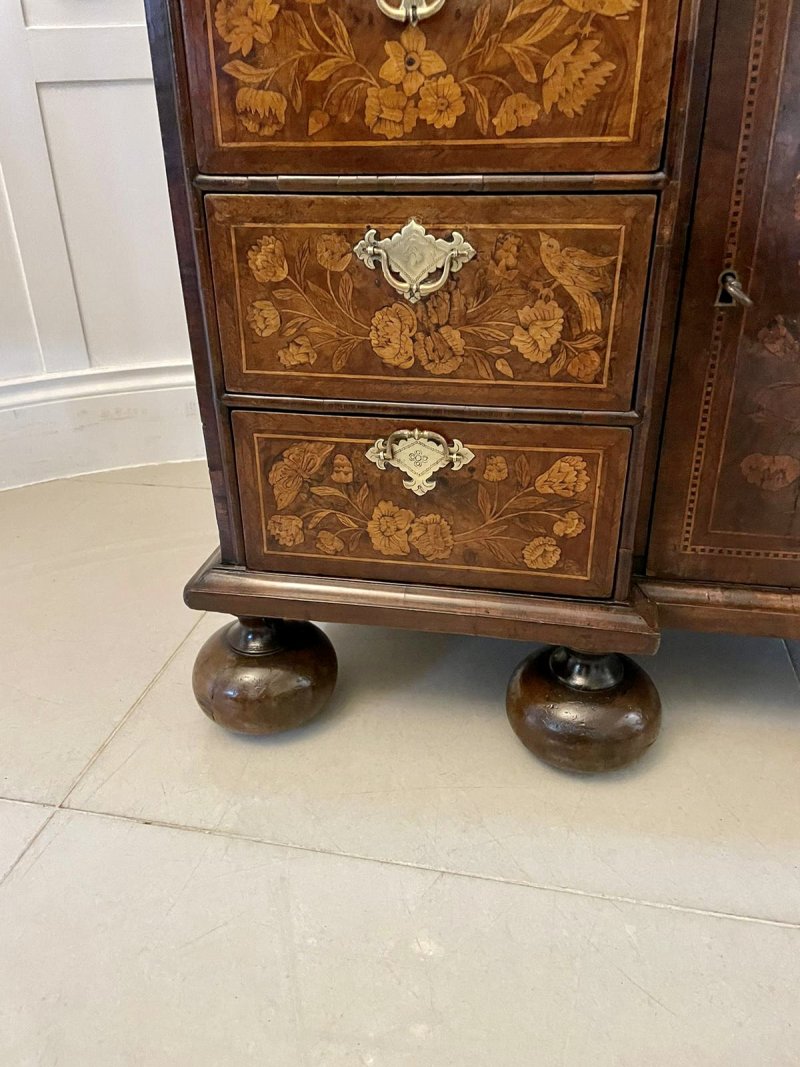 Antique William and Mary Outstanding Quality Burr Walnut Inlaid Marquetry Double Dome Bureau Bookcase - Image 26