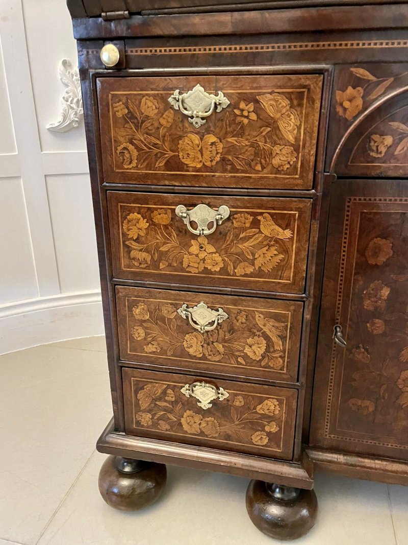 Antique William and Mary Outstanding Quality Burr Walnut Inlaid Marquetry Double Dome Bureau Bookcase - Image 27