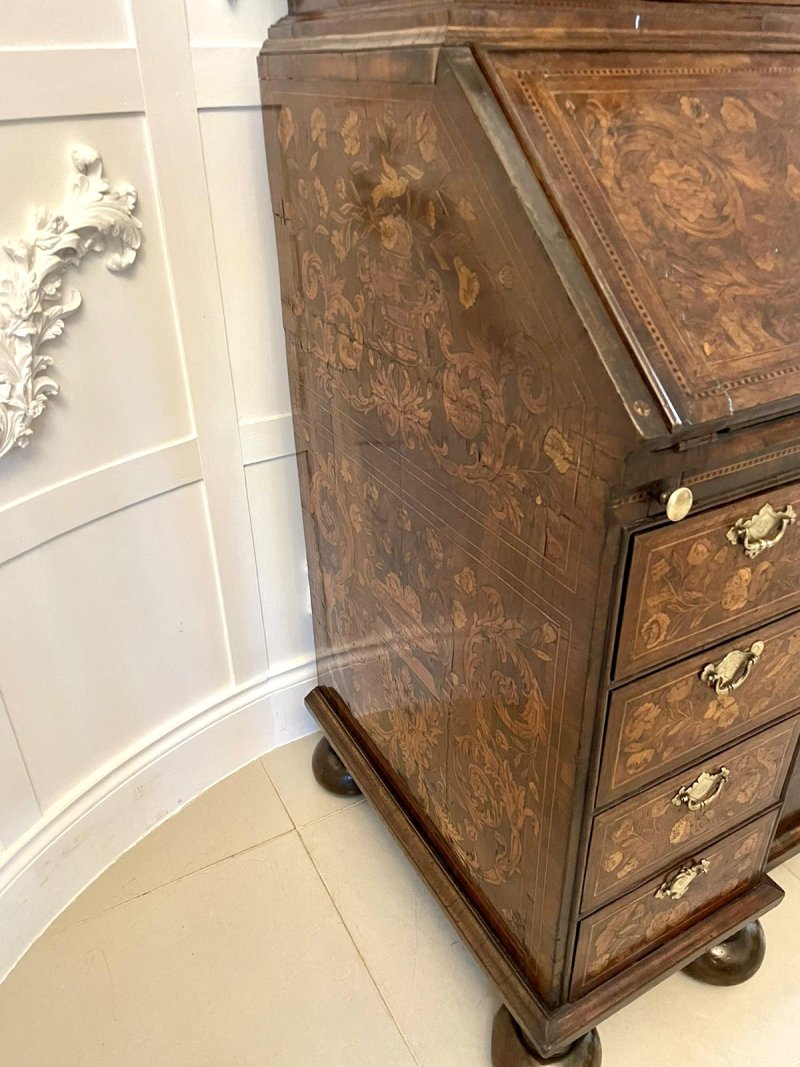Antique William and Mary Outstanding Quality Burr Walnut Inlaid Marquetry Double Dome Bureau Bookcase - Image 23