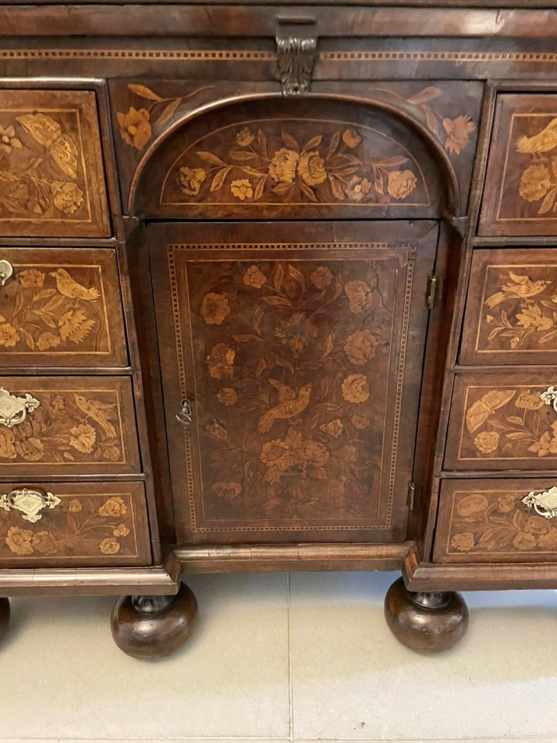 Antique William and Mary Outstanding Quality Burr Walnut Inlaid Marquetry Double Dome Bureau Bookcase - Image 25