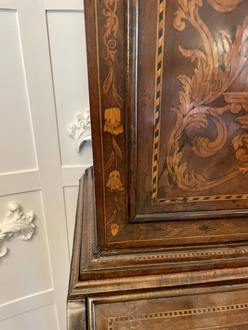 Antique William and Mary Outstanding Quality Burr Walnut Inlaid Marquetry Double Dome Bureau Bookcase - Image 24