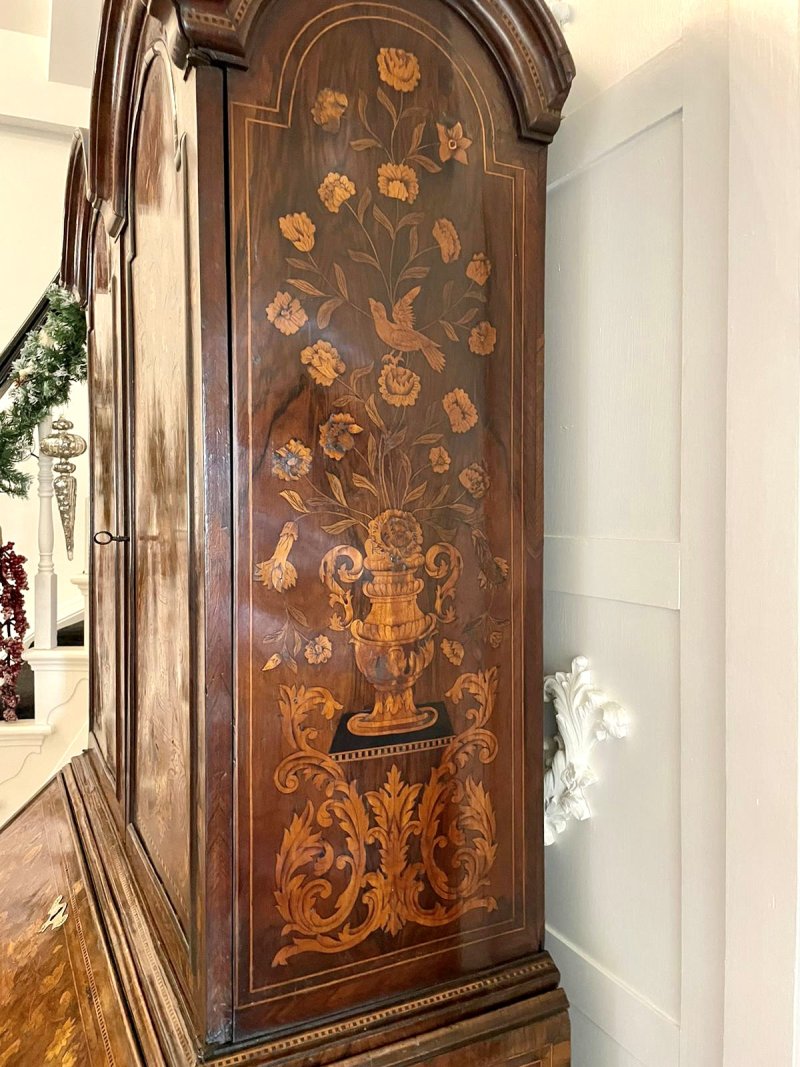 Antique William and Mary Outstanding Quality Burr Walnut Inlaid Marquetry Double Dome Bureau Bookcase - Image 29