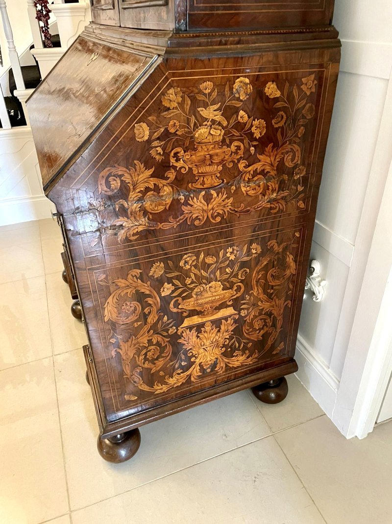 Antique William and Mary Outstanding Quality Burr Walnut Inlaid Marquetry Double Dome Bureau Bookcase - Image 33