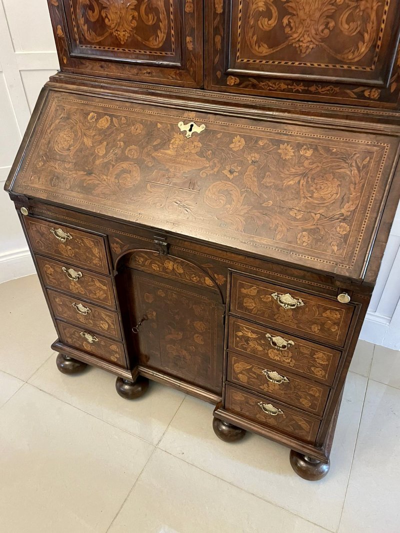 Antique William and Mary Outstanding Quality Burr Walnut Inlaid Marquetry Double Dome Bureau Bookcase - Image 32