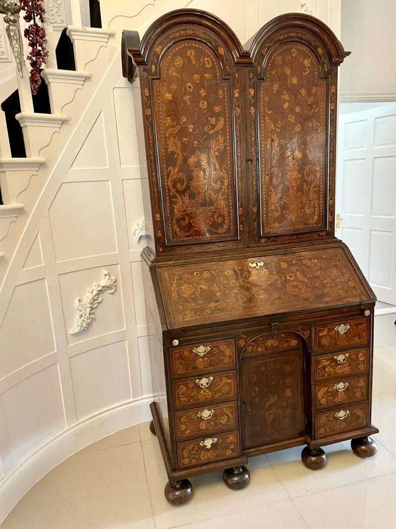 Antique William and Mary Outstanding Quality Burr Walnut Inlaid Marquetry Double Dome Bureau Bookcase - Image 8