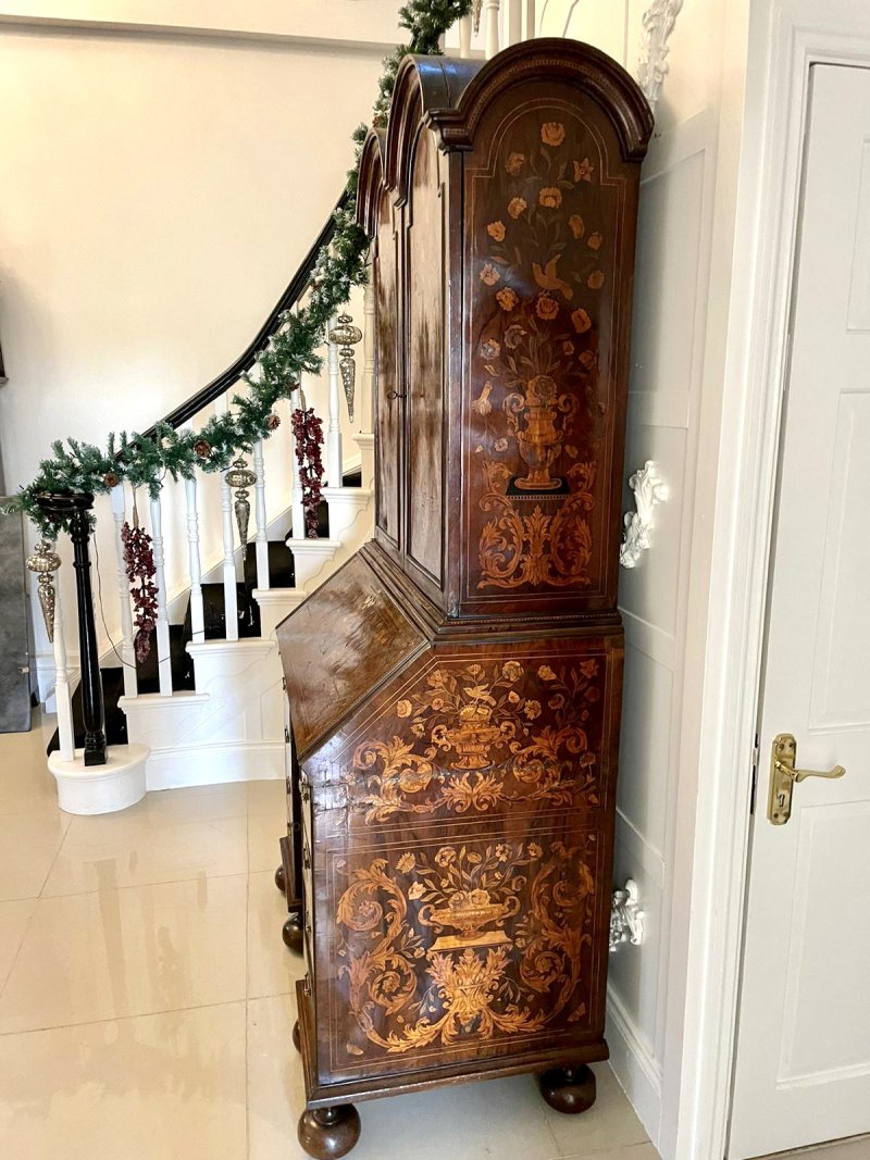 Antique William and Mary Outstanding Quality Burr Walnut Inlaid Marquetry Double Dome Bureau Bookcase - Image 10