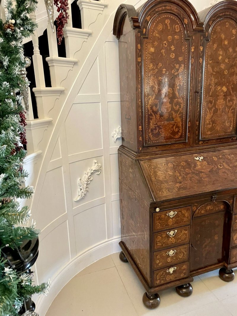 Antique William and Mary Outstanding Quality Burr Walnut Inlaid Marquetry Double Dome Bureau Bookcase - Image 12