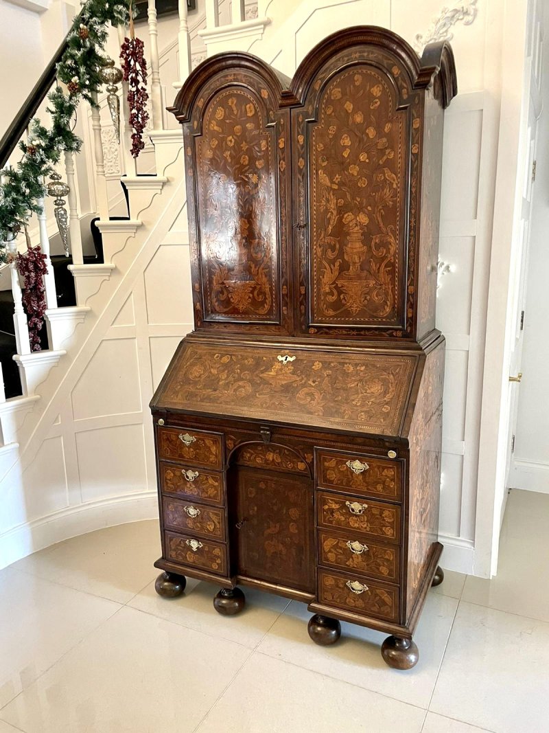 Antique William and Mary Outstanding Quality Burr Walnut Inlaid Marquetry Double Dome Bureau Bookcase - Image 11