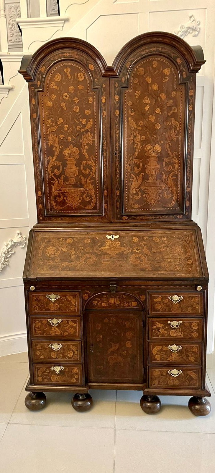 Antique William and Mary Outstanding Quality Burr Walnut Inlaid Marquetry Double Dome Bureau Bookcase - Image 9