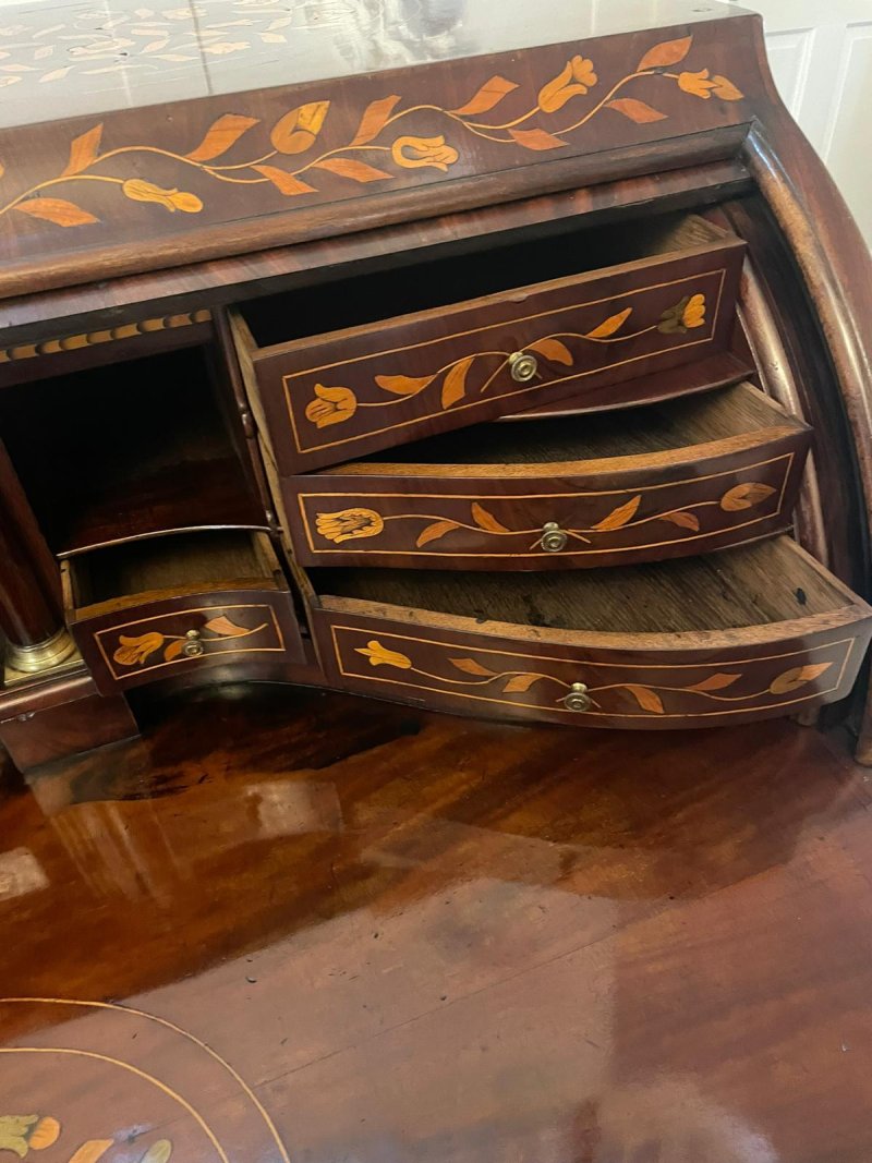 Antique 18th Century Quality Mahogany Floral Marquetry Inlaid Cylinder Bureau - Image 9