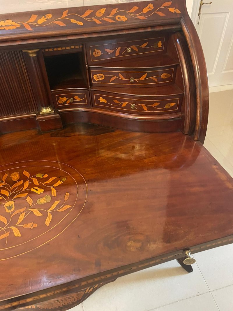 Antique 18th Century Quality Mahogany Floral Marquetry Inlaid Cylinder Bureau - Image 12