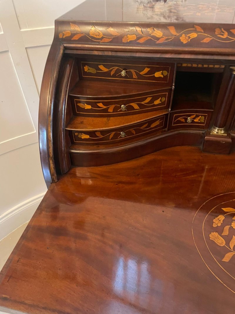 Antique 18th Century Quality Mahogany Floral Marquetry Inlaid Cylinder Bureau - Image 8
