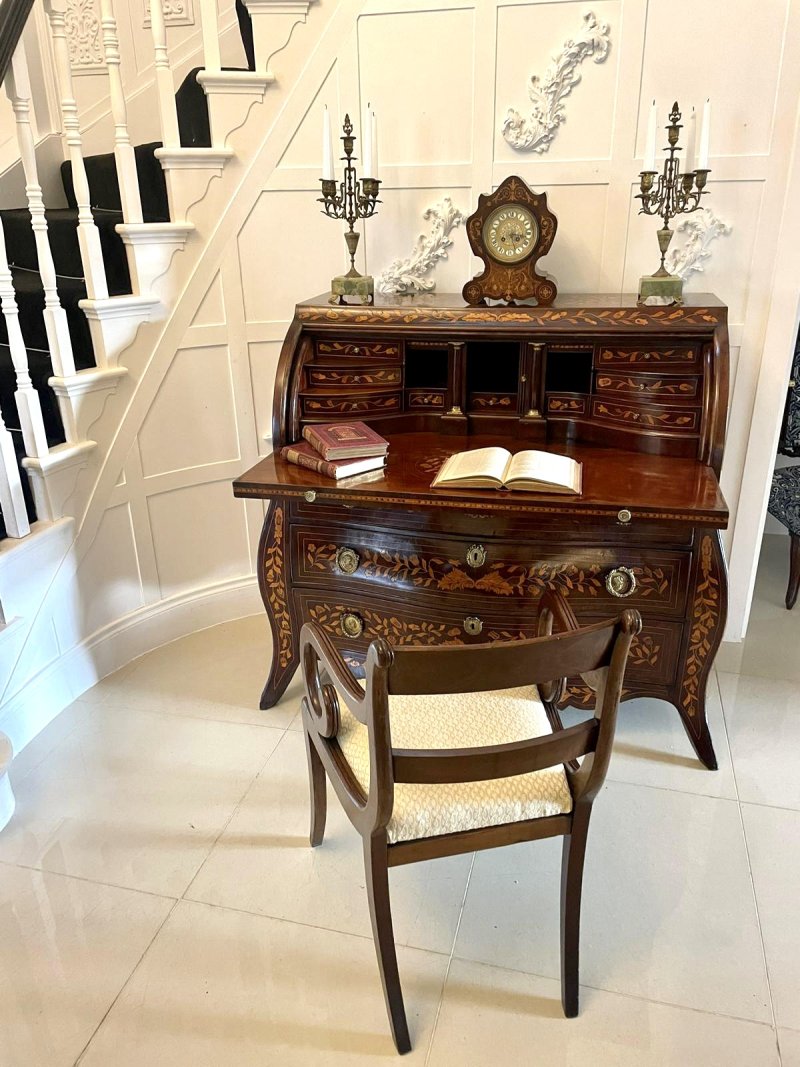 Antique 18th Century Quality Mahogany Floral Marquetry Inlaid Cylinder Bureau - Image 2