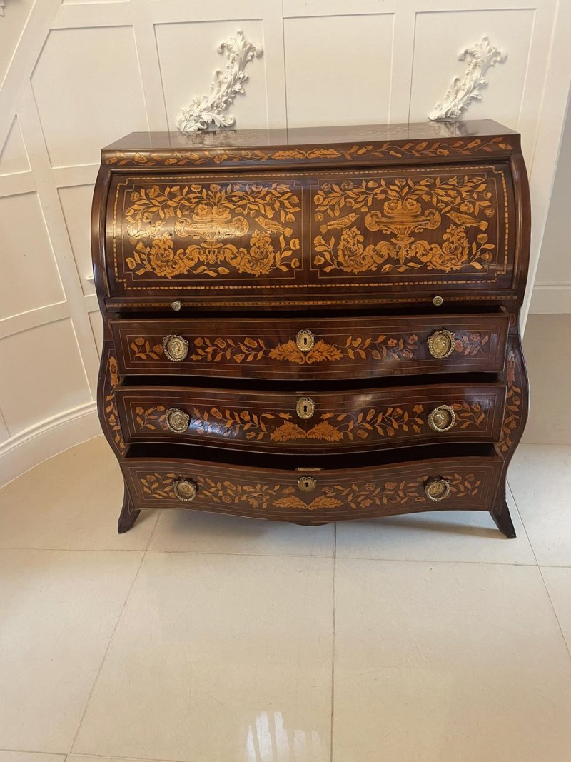 Antique 18th Century Quality Mahogany Floral Marquetry Inlaid Cylinder Bureau - Image 3