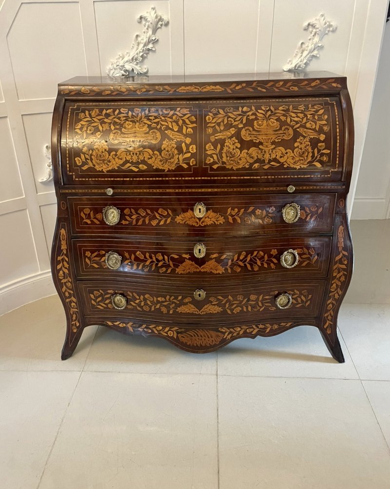 Antique 18th Century Quality Mahogany Floral Marquetry Inlaid Cylinder Bureau