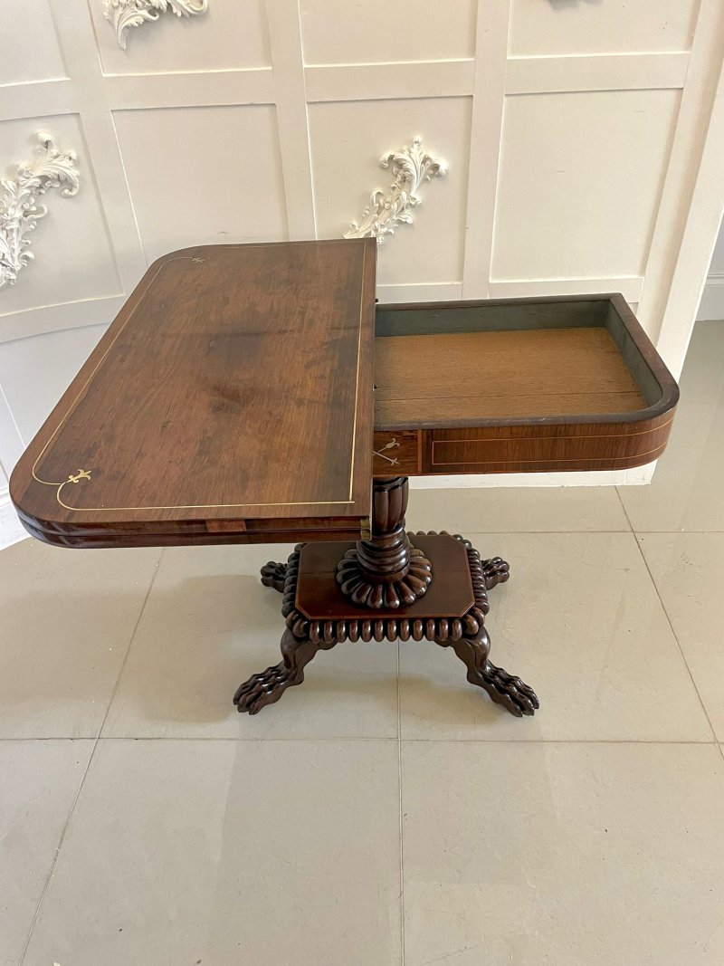 Fine Quality Antique Regency Carved Rosewood Brass Inlaid Card/Side Table - Image 6