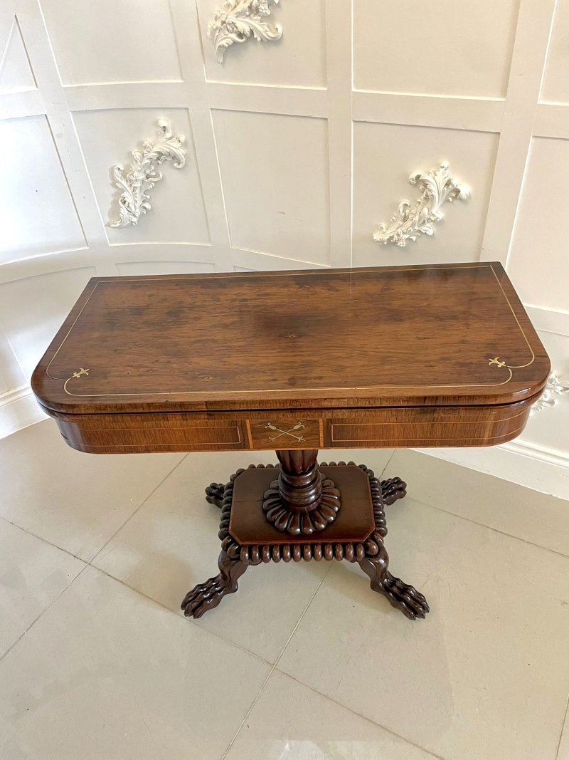 Fine Quality Antique Regency Carved Rosewood Brass Inlaid Card/Side Table - Image 3