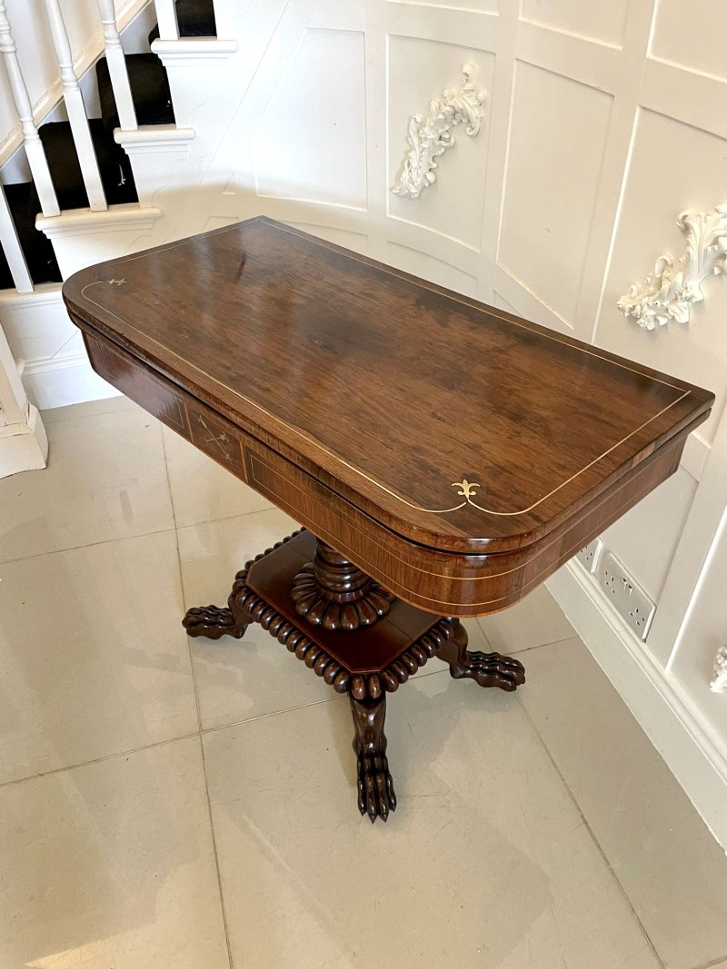 Fine Quality Antique Regency Carved Rosewood Brass Inlaid Card/Side Table - Image 4