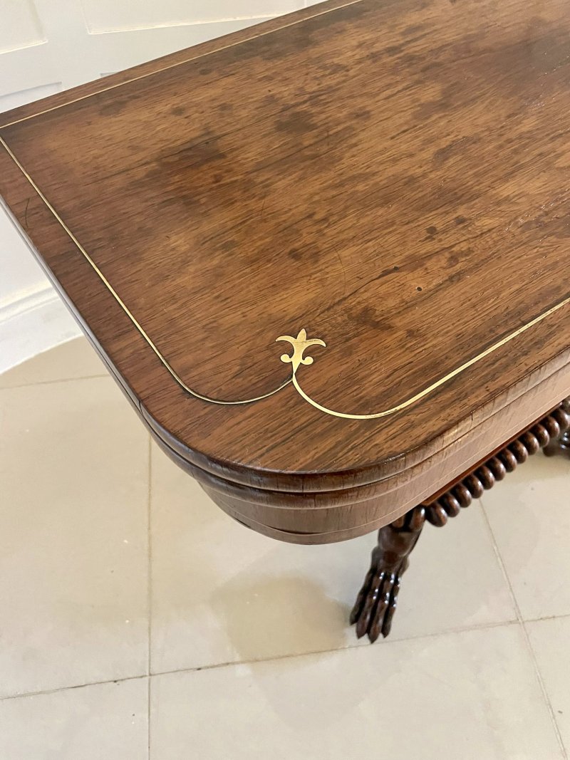 Fine Quality Antique Regency Carved Rosewood Brass Inlaid Card/Side Table - Image 8