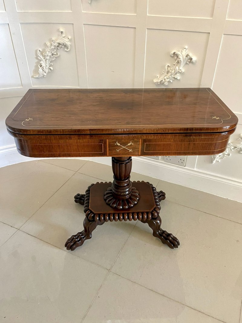 Fine Quality Antique Regency Carved Rosewood Brass Inlaid Card/Side Table - Image 2