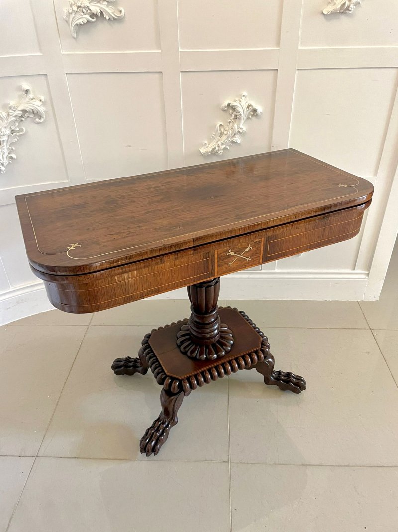 Fine Quality Antique Regency Carved Rosewood Brass Inlaid Card/Side Table