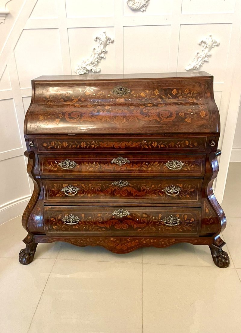 Antique 18th Century Quality Burr Walnut Floral Marquetry Inlaid Bombe Shaped Bureau - Image 6