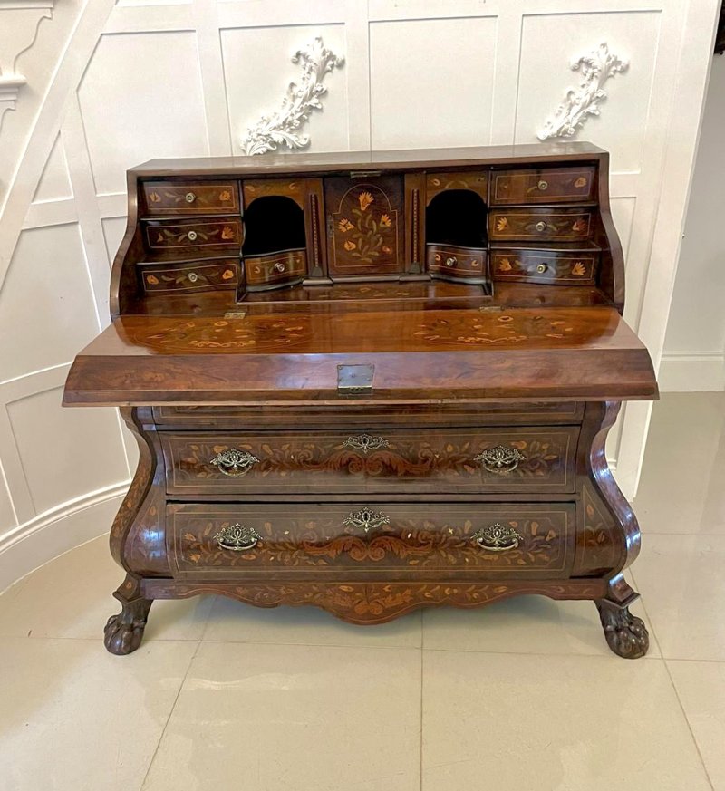 Antique 18th Century Quality Burr Walnut Floral Marquetry Inlaid Bombe Shaped Bureau - Image 2