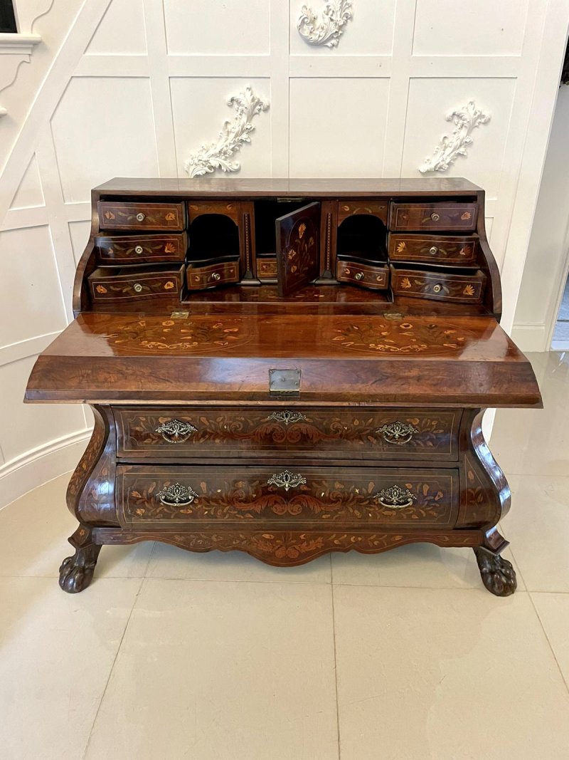 Antique 18th Century Quality Burr Walnut Floral Marquetry Inlaid Bombe Shaped Bureau - Image 5