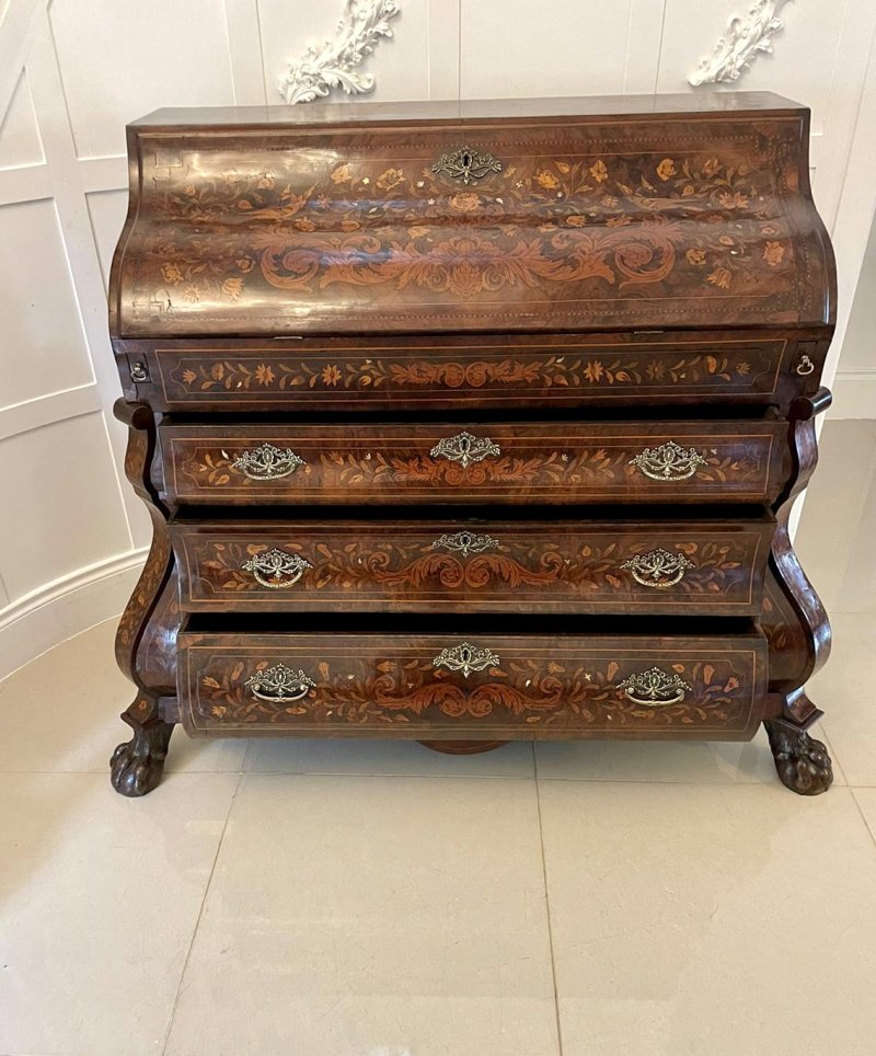 Antique 18th Century Quality Burr Walnut Floral Marquetry Inlaid Bombe Shaped Bureau - Image 4