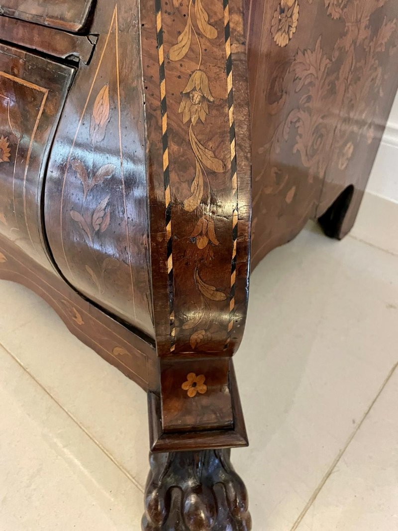 Antique 18th Century Quality Burr Walnut Floral Marquetry Inlaid Bombe Shaped Bureau - Image 15
