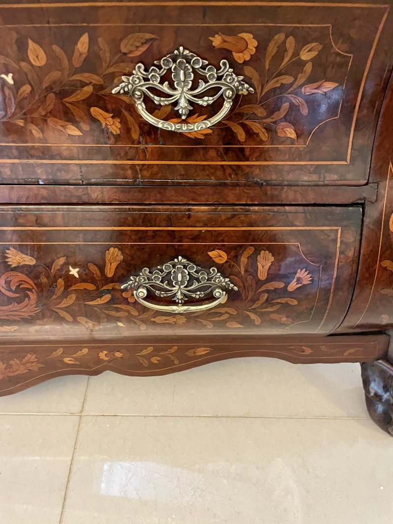 Antique 18th Century Quality Burr Walnut Floral Marquetry Inlaid Bombe Shaped Bureau - Image 23