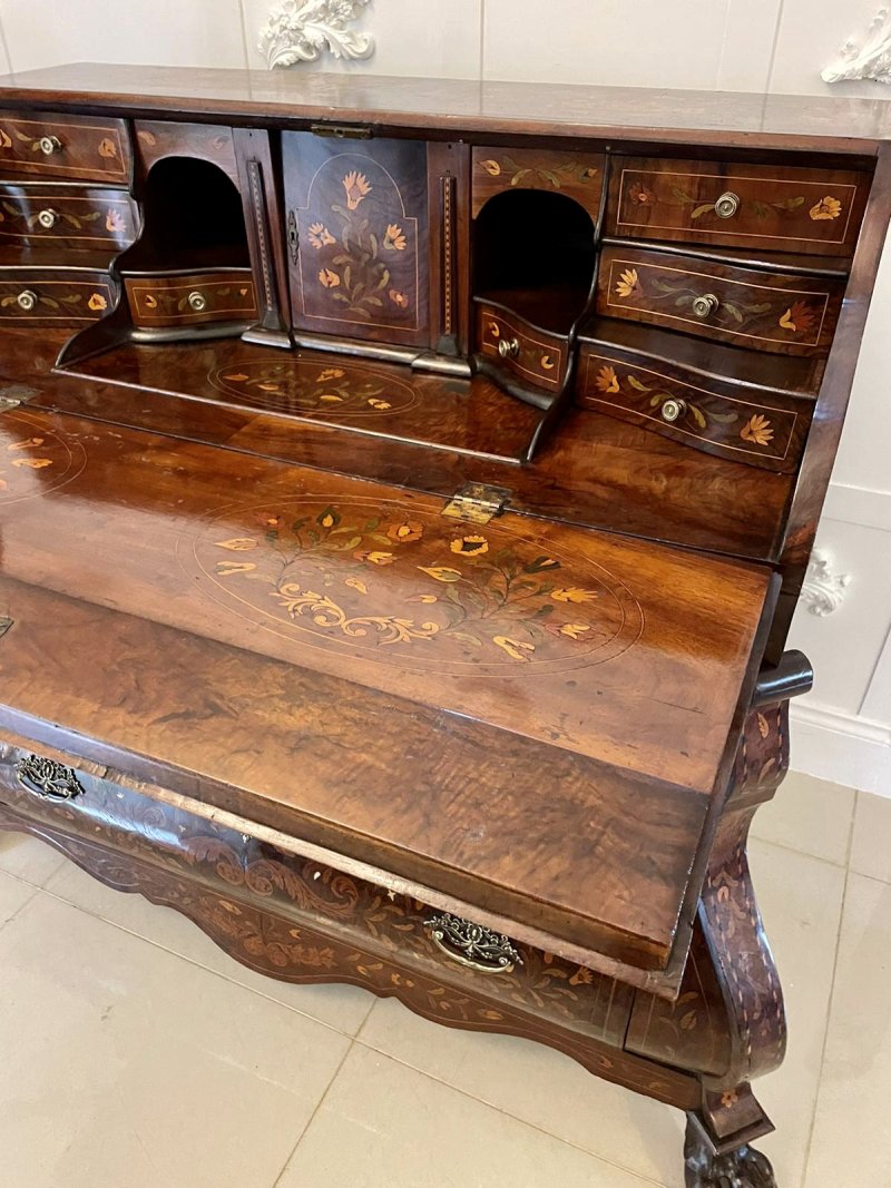 Antique 18th Century Quality Burr Walnut Floral Marquetry Inlaid Bombe Shaped Bureau - Image 26