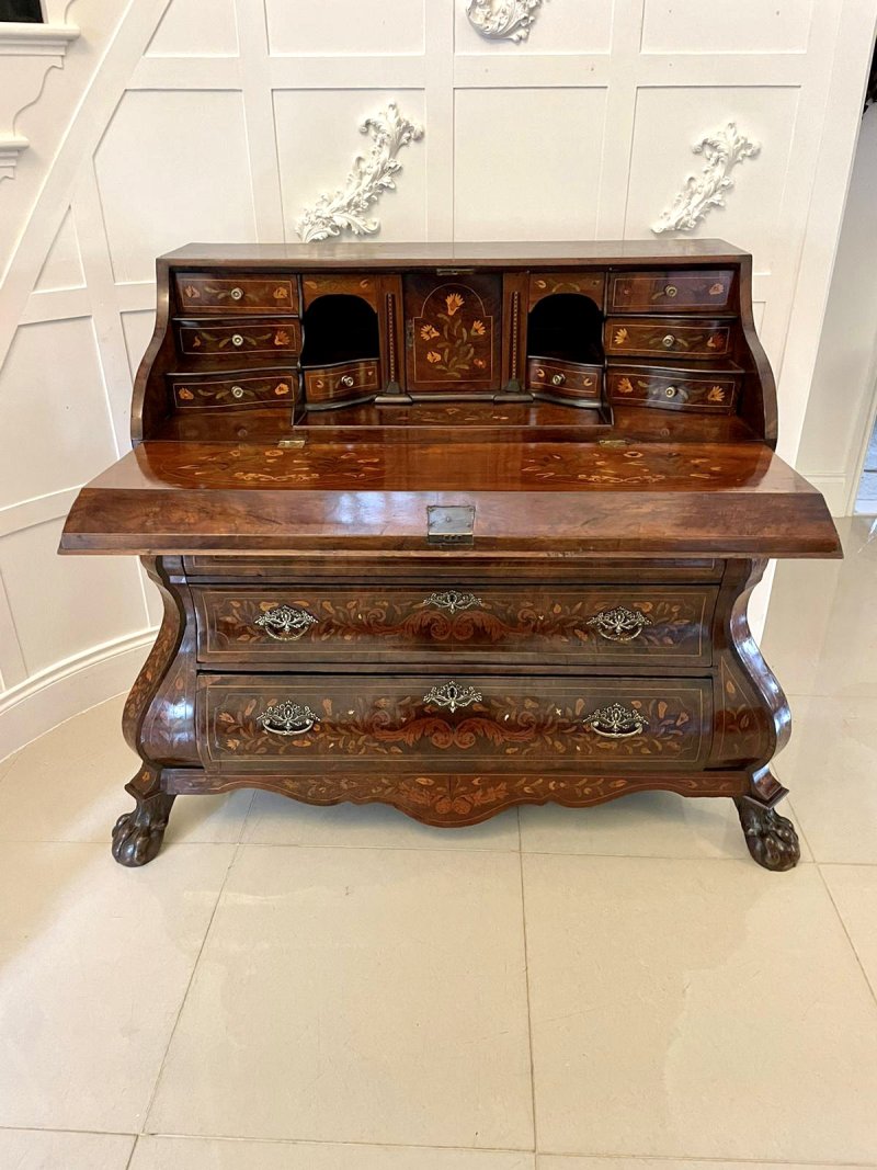 Antique 18th Century Quality Burr Walnut Floral Marquetry Inlaid Bombe Shaped Bureau - Image 18
