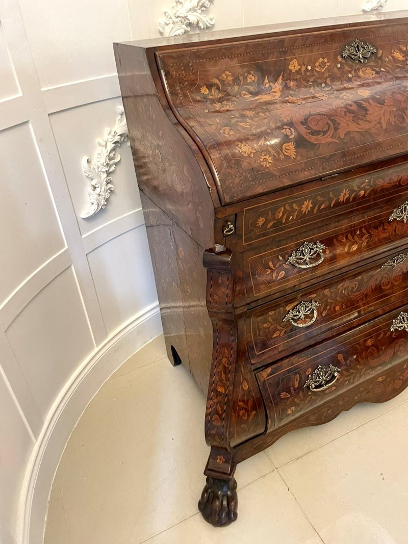 Antique 18th Century Quality Burr Walnut Floral Marquetry Inlaid Bombe Shaped Bureau - Image 20