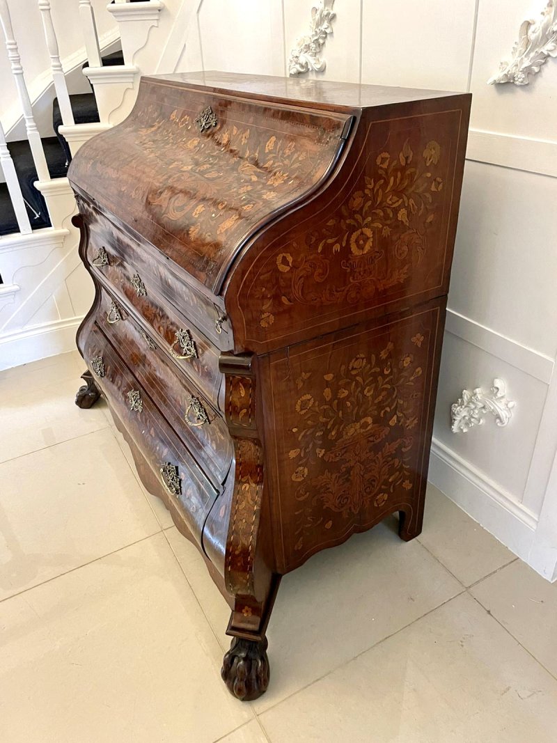 Antique 18th Century Quality Burr Walnut Floral Marquetry Inlaid Bombe Shaped Bureau - Image 14
