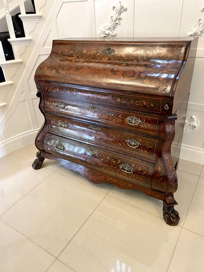 Antique 18th Century Quality Burr Walnut Floral Marquetry Inlaid Bombe Shaped Bureau - Image 27