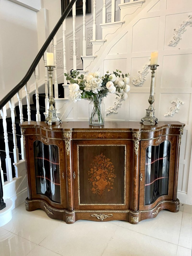 Antique Victorian Quality Burr Walnut Marquetry Inlaid Credenza/Sideboard - Image 3