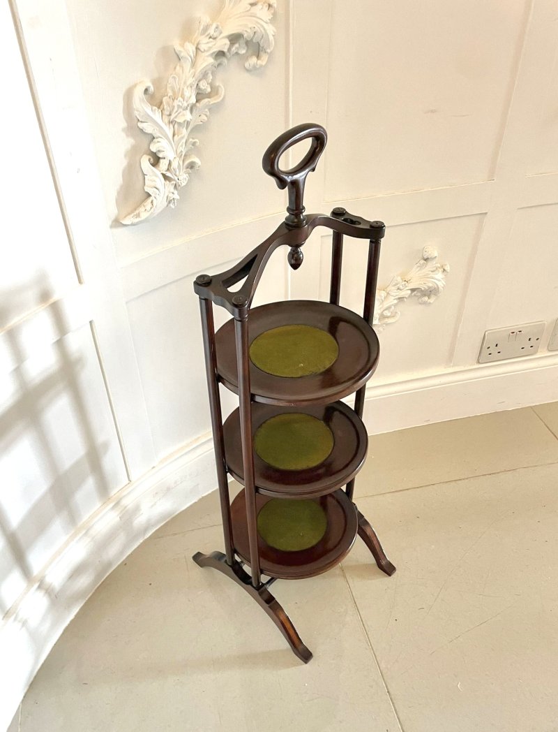 Unusual Antique Inlaid Mahogany 3 Tier Cake Stand