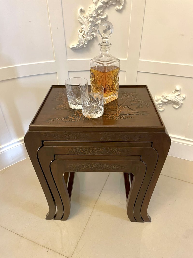 Antique Quality Carved Teak Nest of 3 Tables - Image 4