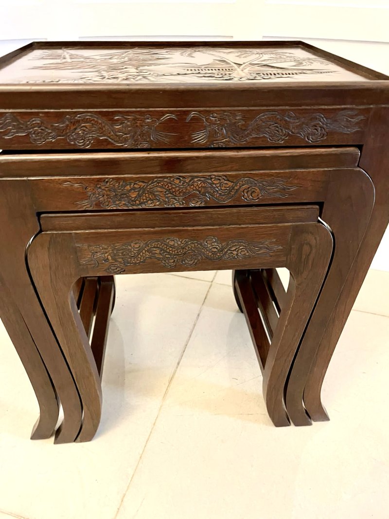 Antique Quality Carved Teak Nest of 3 Tables - Image 8