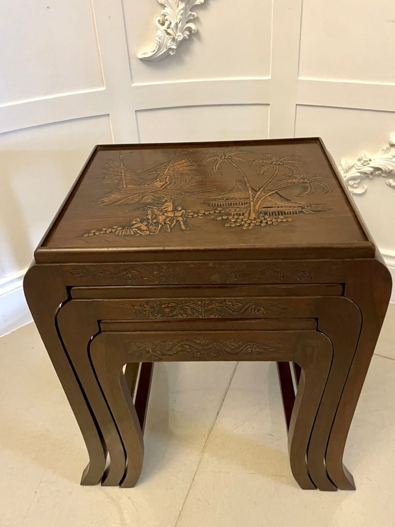 Antique Quality Carved Teak Nest of 3 Tables - Image 9