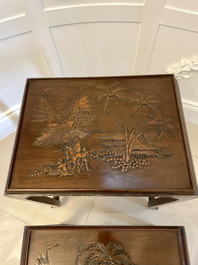 Antique Quality Carved Teak Nest of 3 Tables - Image 10