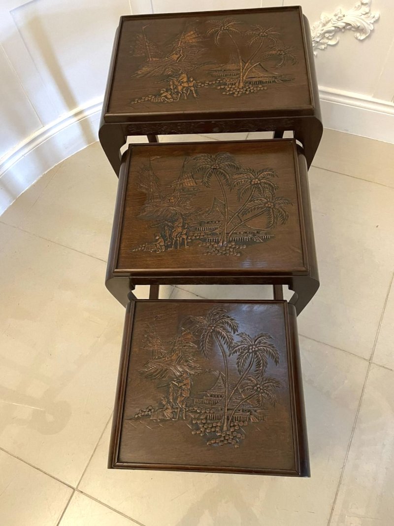 Antique Quality Carved Teak Nest of 3 Tables - Image 6