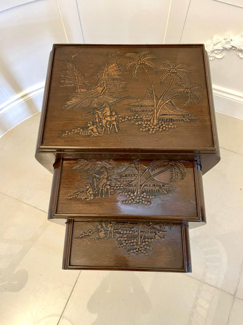 Antique Quality Carved Teak Nest of 3 Tables - Image 7